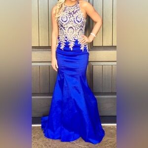 Elegant Blue and Gold Evening Gown